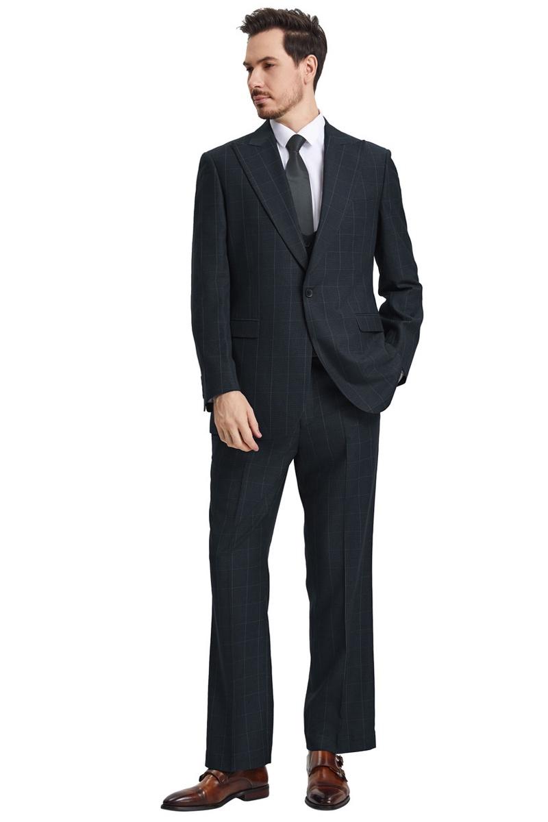 Men's Stacy Adams Peak Lapel Black Windowpane Plaid Suit with a Scoop Neck Vest - Image 2
