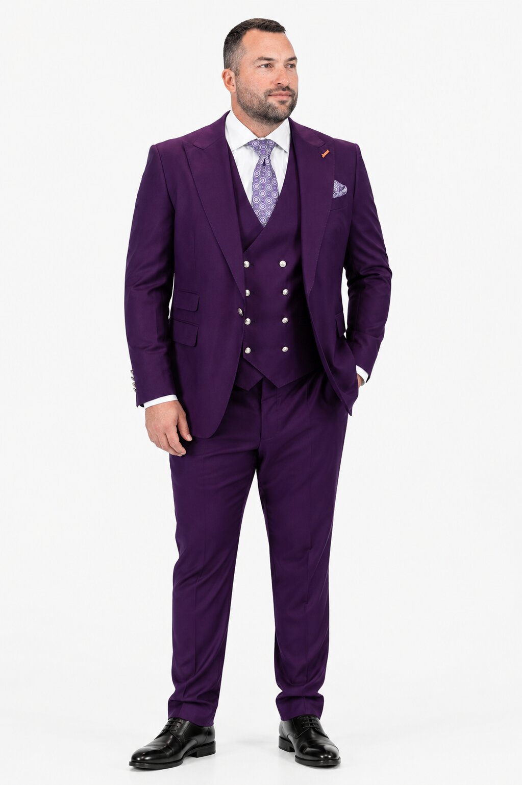 Men's Plum Statement Ticket Pocket Peak Lapel Wool Double Breasted Vest Suit with Silver Buttons – Modern Fit
