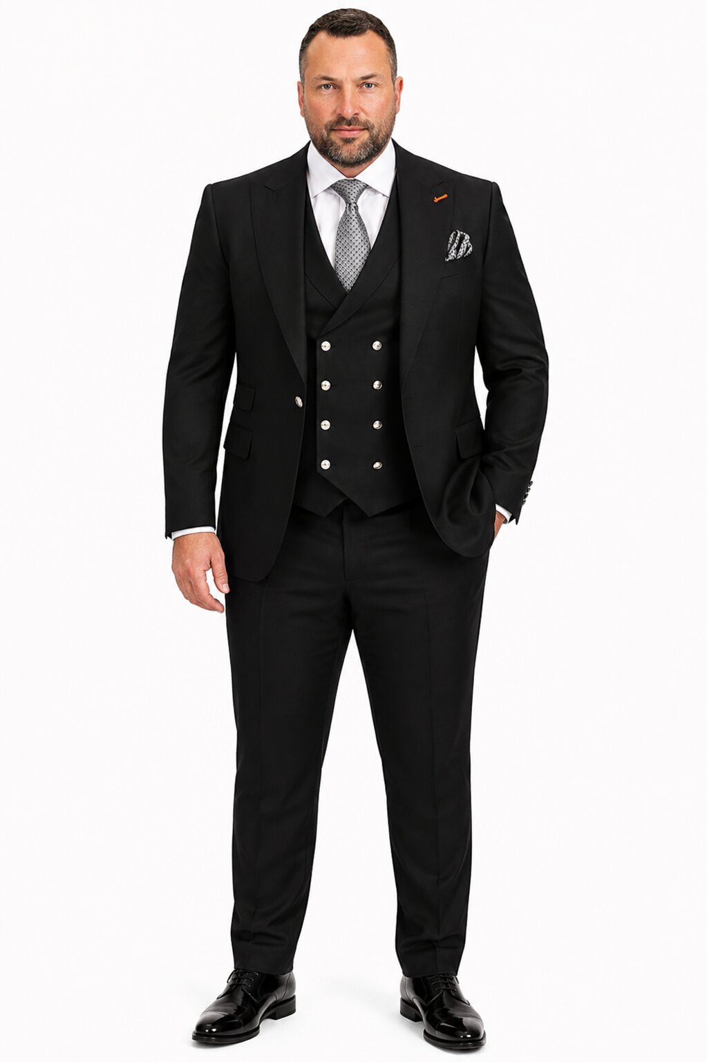 Men's Black Statement Ticket Pocket Peak Lapel Wool Double Breasted Vest Suit with Silver Buttons – Modern Fit