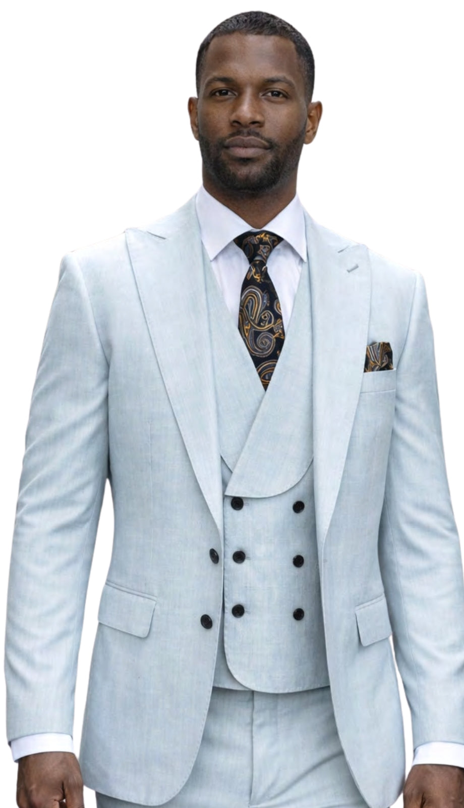 Mens Wool Suit - Ticket Pocket Big Lapel Single button Double breasted Vest By Statement in Color Aqua Modern Fit