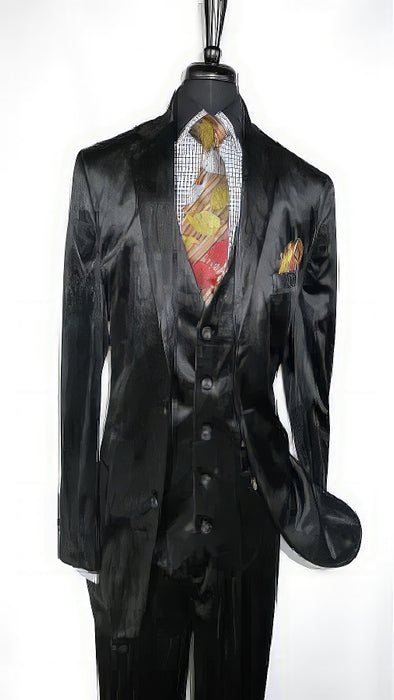 Men's Black 2 Button Velvet Fabric 3 Piece Vested Side Vent Suit with Pleated Pants