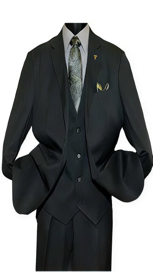 Men's Black  Two Button Vested Suit