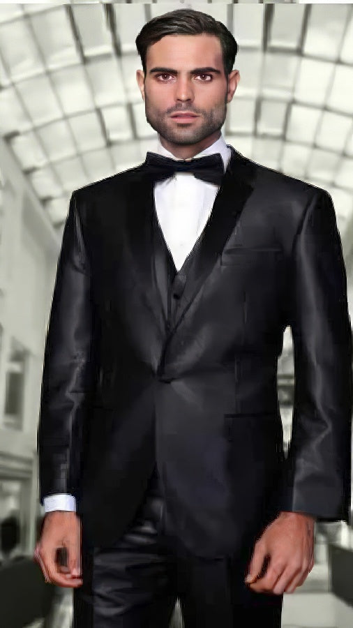 Men's Black Two Toned Vested 2 Buttons Suit With Black Lapel Italian Tuxedo Looking - 100% Percent Wool Fabric Suit - Worsted Wool Business Suit