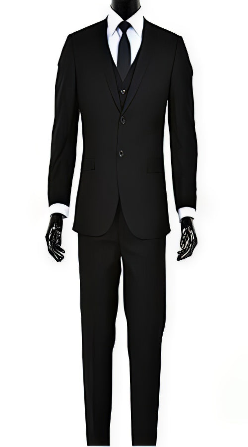 Men's 2 Button Black Slim Fit Vested Suit