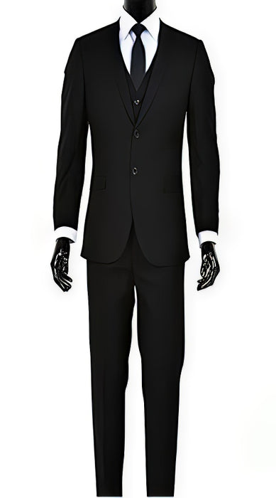 Men's 2 Button Black Slim Fit Vested Suit