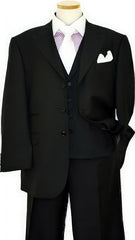 Mens Notch Lapel Three buttons Solid Black Vested Lapeled Vested 3PC Suit Wide leg Pleated pants