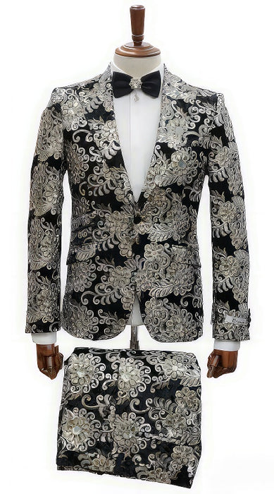 Black and Gold and Silver Sequin Suit - Shiny Prom Tuxedo Slim Fit Suit