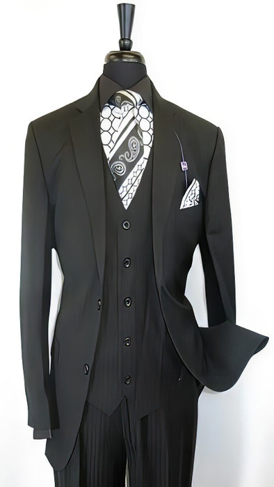 Vinci Men's Black On Black Shadow Stripe Style Two Buttons Vested Suit