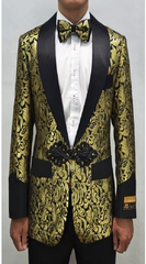 Men'S Gold ~ Black One Button Floral Pattern Blazer