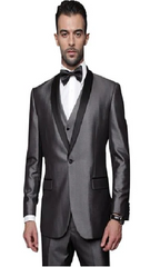 Classic Vested 1 Button Shawl Collar Charcoal Grey Sheen Look With Black Lapel Suit Flat - Three Piece Suit