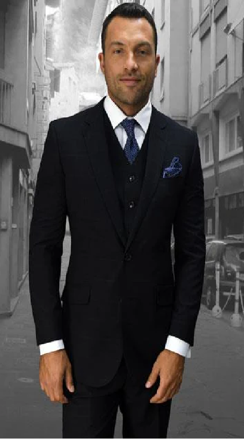 Men's Statement Suits Clothing Confidence Plaid Dark Navy 2 Button Double Breasted Vest Fine Brands Best Italian Style Cut Suits