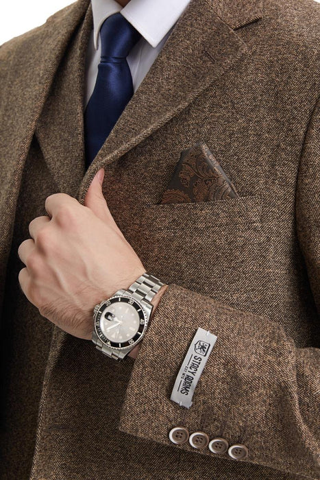 Men's Stacy Adams Vested Vintage Herringbone Tweed Suit in Light Brown