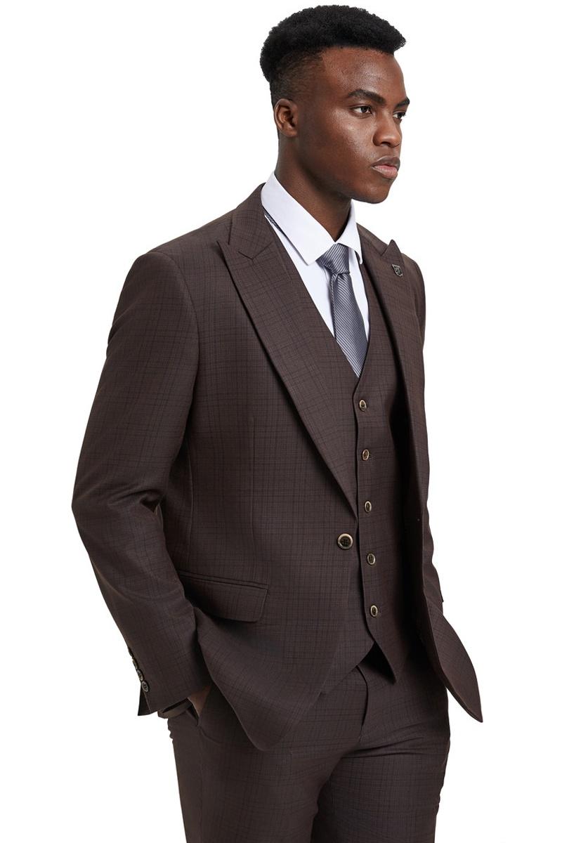 Men's Stacy Adams Vested One Button Wide Peak Lapel Windowpane Plaid Suit in Brown - Image 6