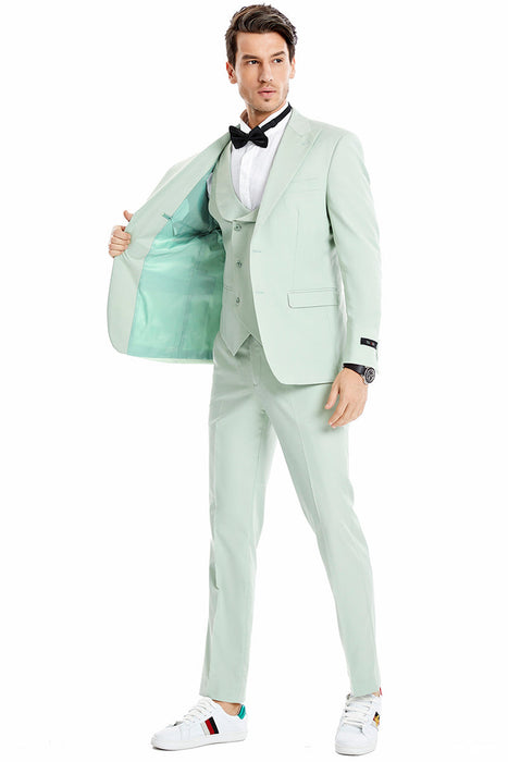 Graduation Suit - Men's Two Button Vested Peak Lapel Pastel Wedding & Prom Suit in Mint Green