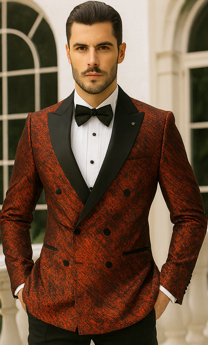 Red Double Breasted Rough Streak Pattern Satin Peak Lapel Stacy Adams Men's Jacket