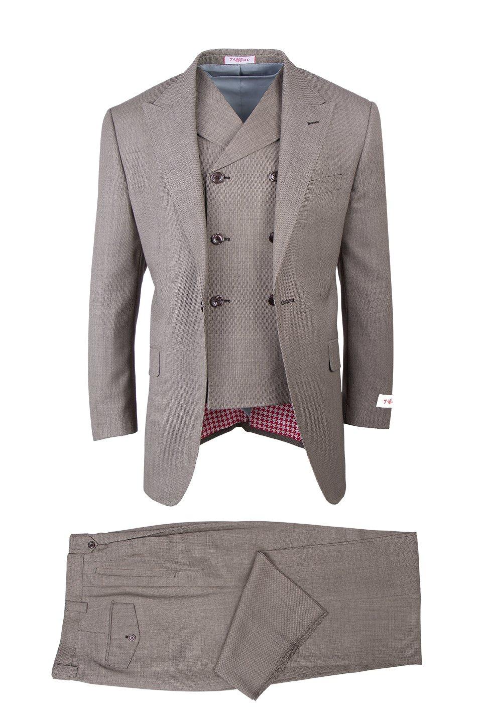 Tiglio Italian Suit - Real Wool Fabric Super 150's San Giovesse Tan Birdseye, Wide Leg Suit & Vest in Color Tan