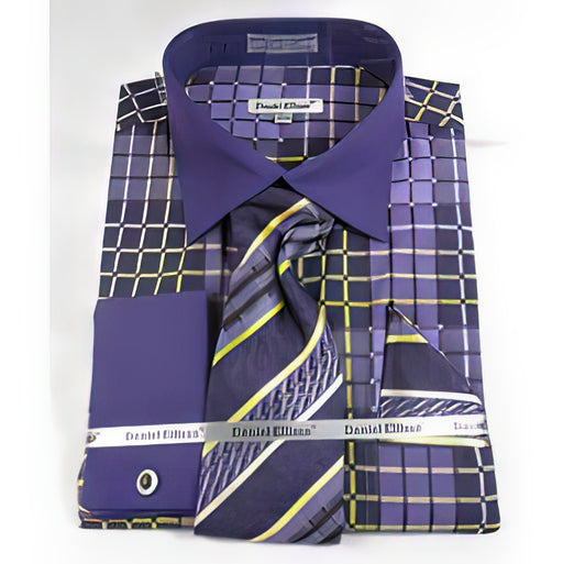 Purple French Cuff With Collar Window Pane Pattern Men'S Dress Shirt