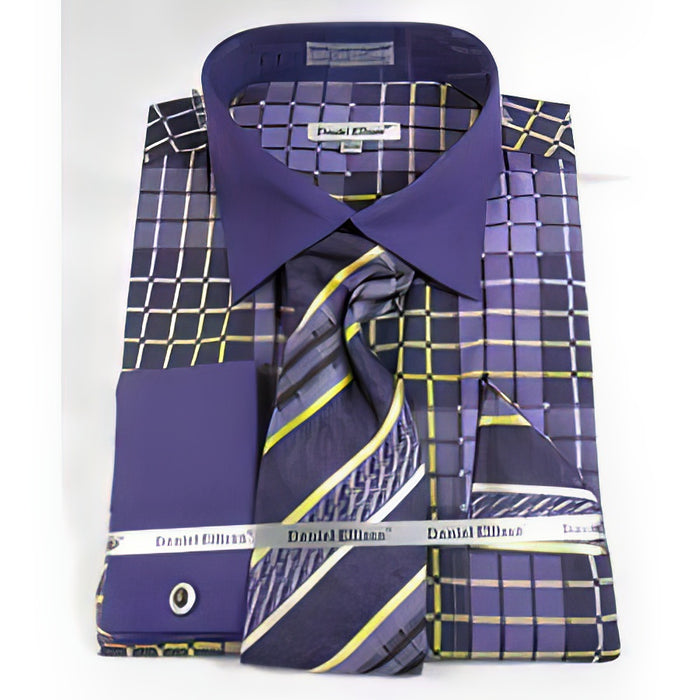 Purple French Cuff With Collar Window Pane Pattern Men'S Dress Shirt