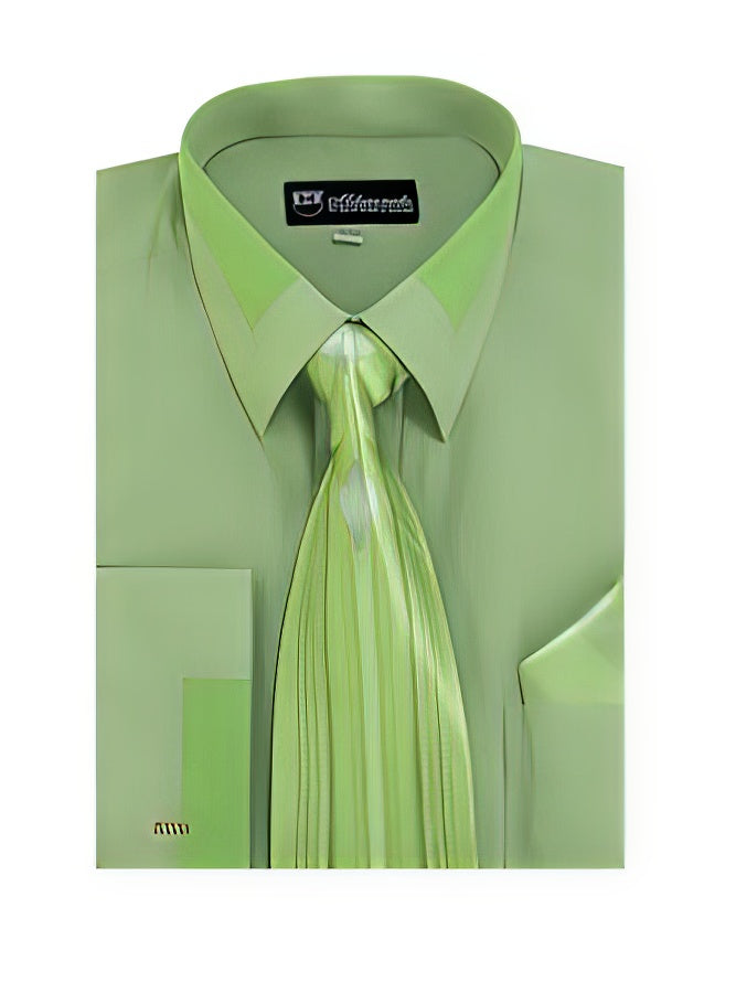 Olive Spread Collar French Cuff + Tie + Handkerchief Set Men's Dress Shirt
