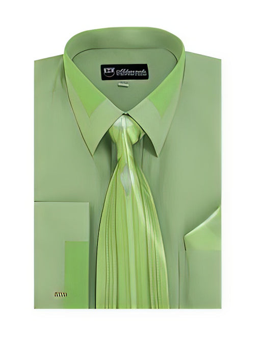 Olive Spread Collar  French Cuff + Tie + Handkerchief Set Men's Dress Shirt