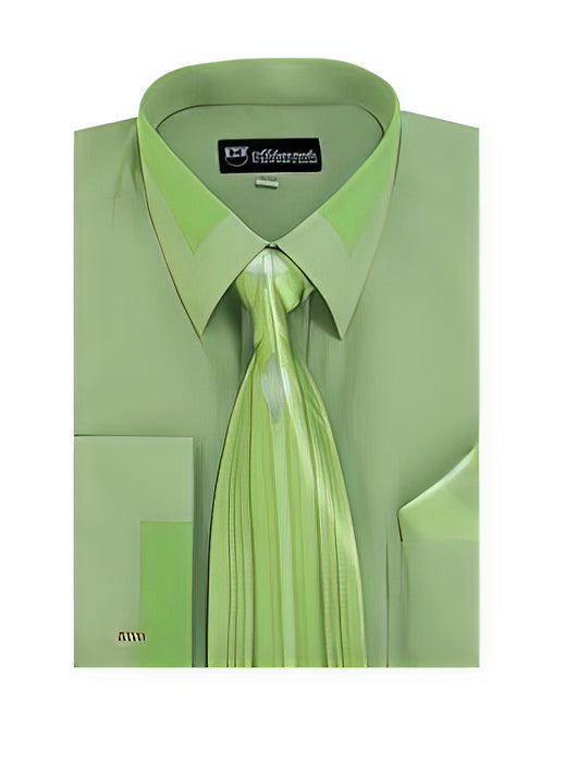 Olive Spread Collar French Cuff + Tie + Handkerchief Set Men's Dress Shirt