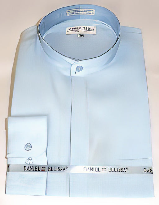 Blue Banded Collar Polyester Dress Shirt