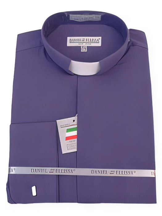 Men's Mandarin Banded Collar Preacher Round Style French Cuff Pastor Preacher Long Sleeve Purple collarless Shirt