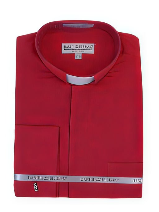 Men's Mandarin Banded Collar Preacher Round Style French Cuff Pastor Preacher Long Sleeve Red collarless Shirts
