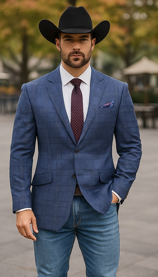 Saco vaquero - Western Sport Coat - Western Blazer- Mens Slim Fit Two Button Summer Linen Sport Coat Blazer In Navy Blue Windowpane Plaid