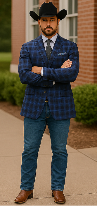 Saco vaquero - Western Sport Coat - Western Blazer- Mens Slim Fit Two Button Wool Sport Coat Blazer In Navy Blue & Grey Windowpane Plaid