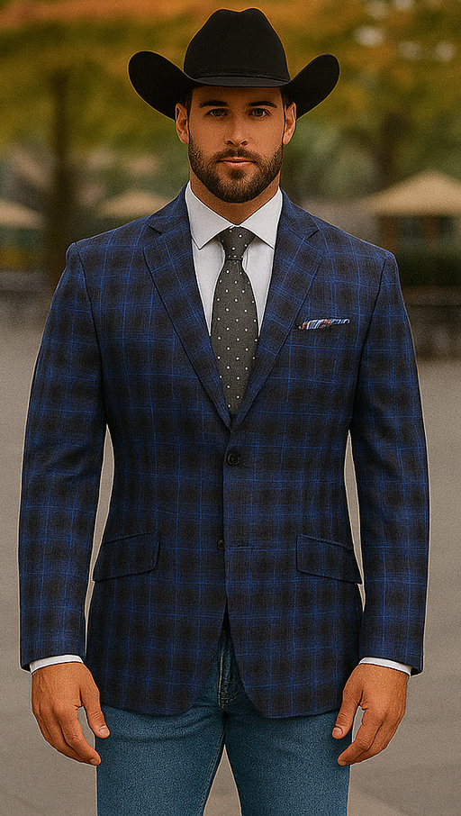 Saco vaquero - Western Sport Coat - Western Blazer- Mens Slim Fit Two Button Wool Sport Coat Blazer In Navy Blue & Grey Windowpane Plaid