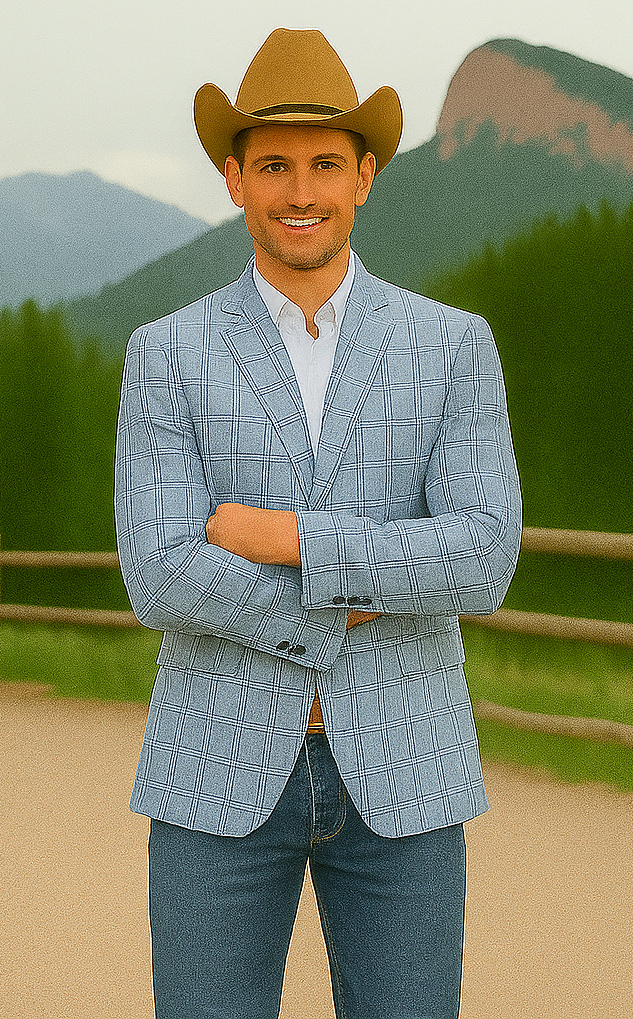 Saco vaquero - Western Sport Coat - Western Blazer- Men's Two Button Business Casual Double Windowpane Navy Blue Sport Coat