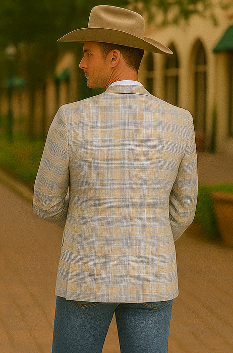 Saco vaquero - Western Sport Coat - Western Blazer- Men's Two Button Business Casual Glen Plaid Sports Coat In Tan & Blue