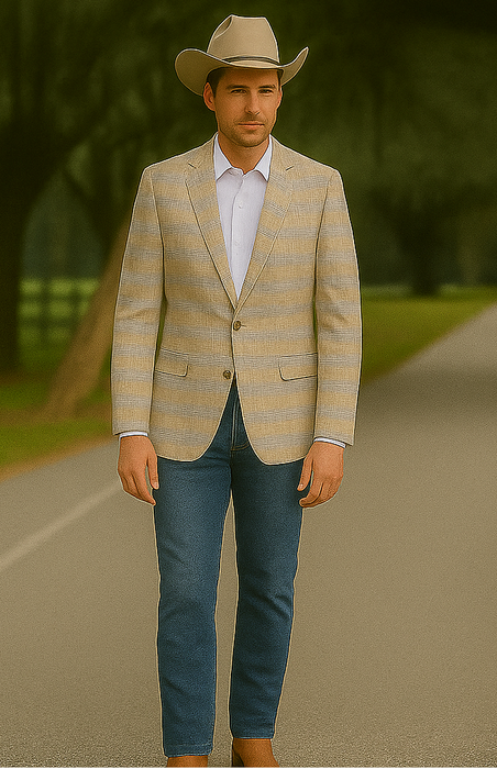 Saco vaquero - Western Sport Coat - Western Blazer- Men's Two Button Business Casual Glen Plaid Sports Coat In Tan & Blue