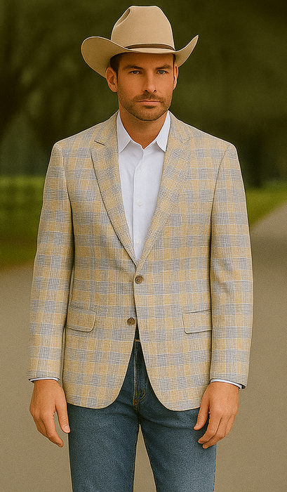 Saco vaquero - Western Sport Coat - Western Blazer- Men's Two Button Business Casual Glen Plaid Sports Coat In Tan & Blue