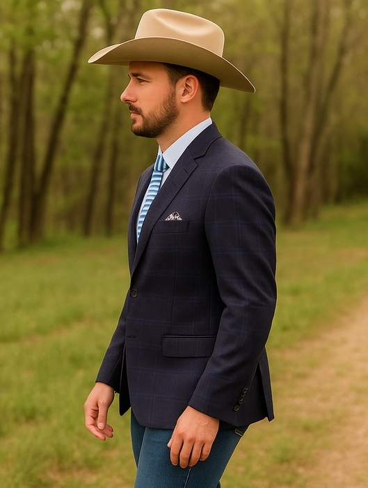 Saco vaquero - Western Sport Coat - Western Blazer- Mens Two Button Classic  Wool Stretch Sport Coat Blazer In Dark Navy Blue Windowpane Plaid