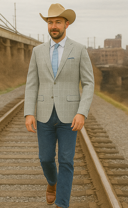 Saco vaquero - Western Sport Coat - Western Blazer   - Mens Two Button Slim Fit Sport Coat Blazer In Light Grey Ash Windowpane Plaid