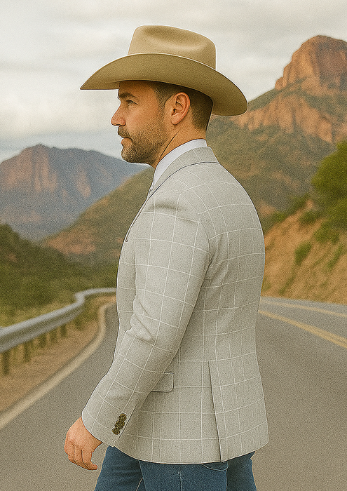 Saco vaquero - Western Sport Coat - Western Blazer   - Mens Two Button Slim Fit Sport Coat Blazer In Light Grey Ash Windowpane Plaid