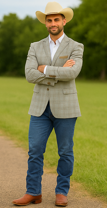 Saco vaquero - Western Sport Coat - Western Blazer- Men's Two Button Windowpane Plaid Grey Sport Coat