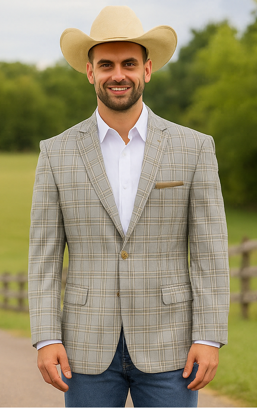 Saco vaquero - Western Sport Coat - Western Blazer- Men's Two Button Windowpane Plaid Grey Sport Coat