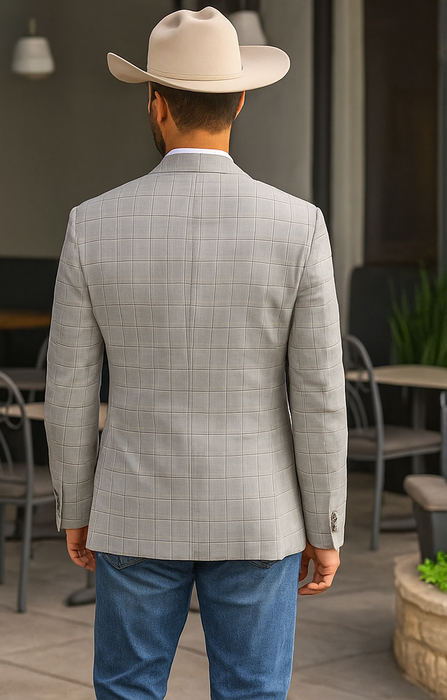 Saco vaquero - Western Sport Coat - Western Blazer - Men's Two Button Windowpane Plaid Light Grey Sport Coat