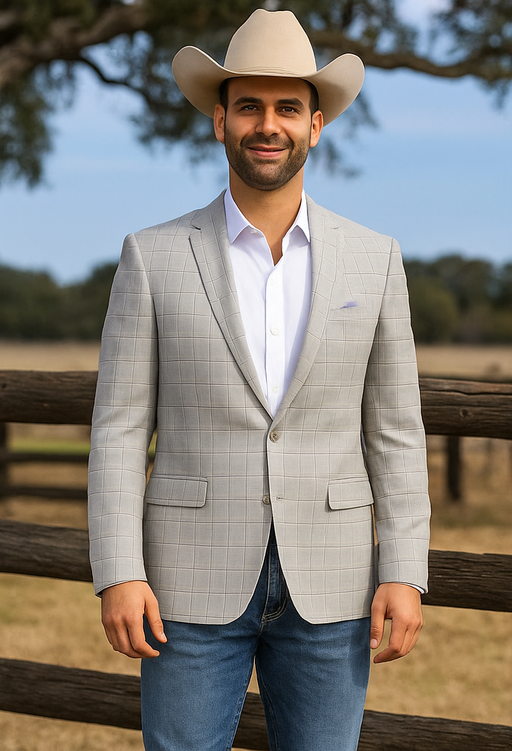 Saco vaquero - Western Sport Coat - Western Blazer - Men's Two Button Windowpane Plaid Light Grey Sport Coat