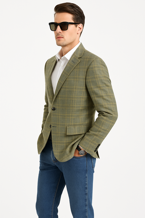 Saco vaquero - Western Sport Coat - Western Blazer - Men's Two Button Regular Fit Windowpane Plaid Sport Coat Blazer In Light Olive Green