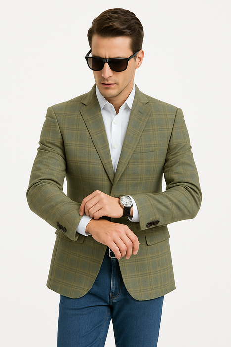 Saco vaquero - Western Sport Coat - Western Blazer - Men's Two Button Regular Fit Windowpane Plaid Sport Coat Blazer In Light Olive Green