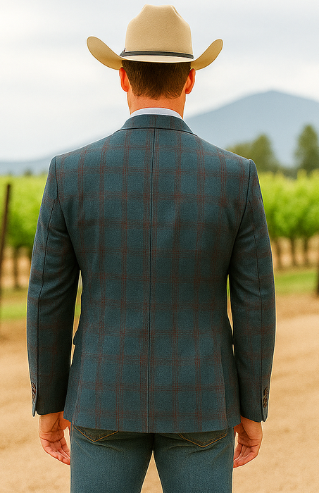Saco vaquero - Western Sport Coat - Western Blazer- Mens Classic Fit Two Button Wool & Linen Sport Coat BlazerTeal Blue Windowpane Plaid