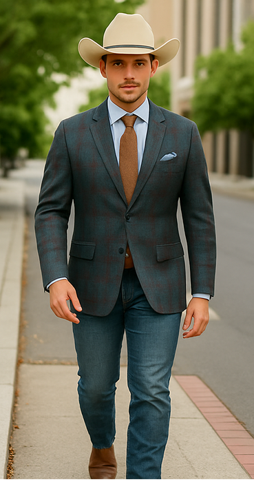 Saco vaquero - Western Sport Coat - Western Blazer- Mens Classic Fit Two Button Wool & Linen Sport Coat BlazerTeal Blue Windowpane Plaid