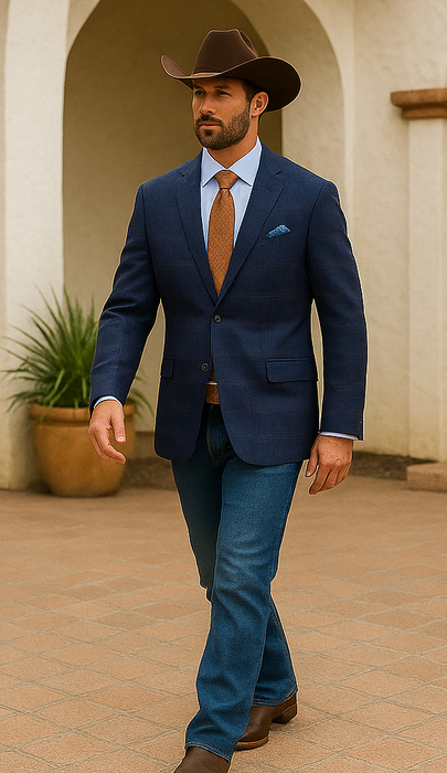 Saco vaquero - Western Sport Coat - Western Blazer   - Mens Classic Fit Two Button Wool & Linen Sport Coat Blazer In Blue Windowpane Plaid