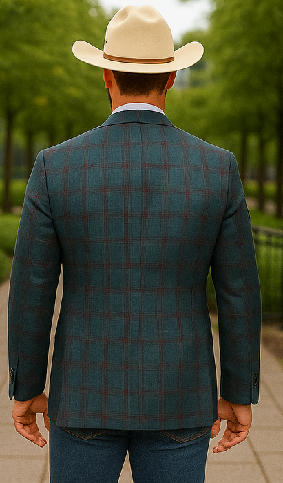 Saco vaquero - Western Sport Coat - Western Blazer- Mens Classic Fit Two Button Wool & Linen Sport Coat Blazer In Teal Blue Windowpane Plaid