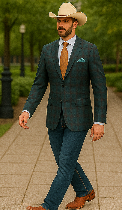 Saco vaquero - Western Sport Coat - Western Blazer- Mens Classic Fit Two Button Wool & Linen Sport Coat Blazer In Teal Blue Windowpane Plaid