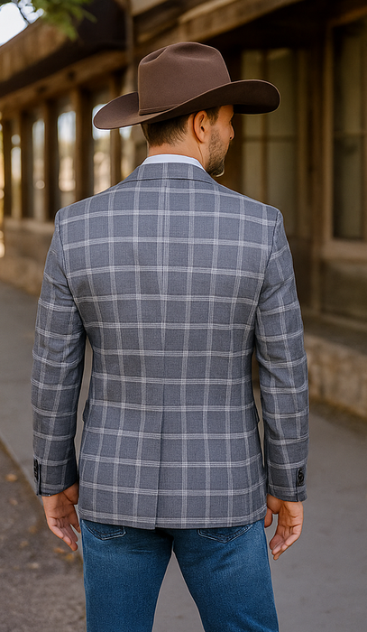 Saco vaquero - Traje Para Hombre - Western Sport Coat - Western Blazer - Mens Designer Two Button Slim Fit Notch Lapel Wool Suit In Bold Medium Grey Windowpane Plaid